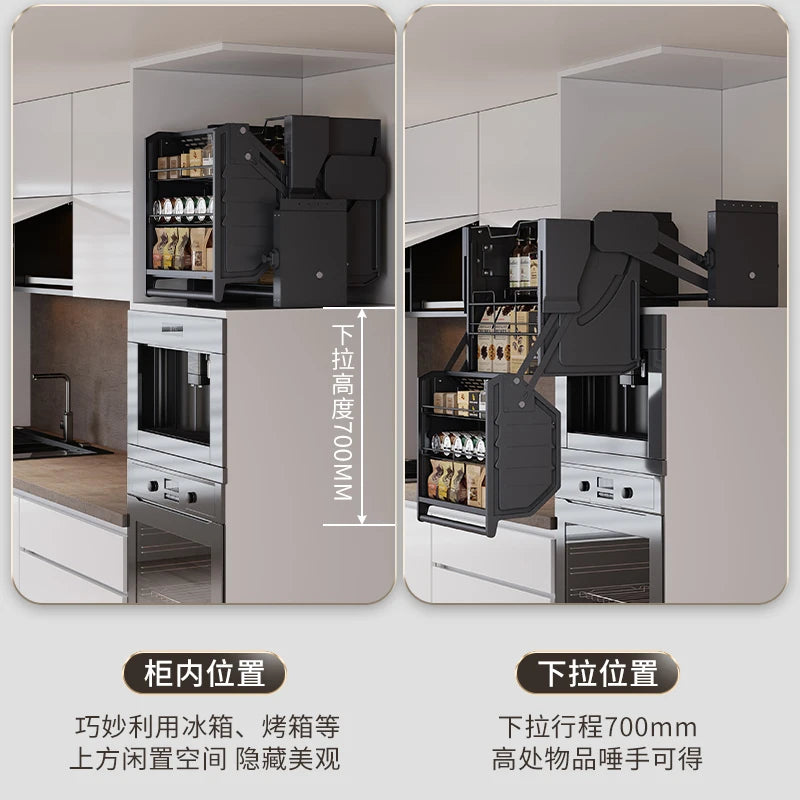Hängeschrank, Hebekorb, Küchenschrank, Hochschrank, Kühlschrank, Ofen, Snacks Gewürzkorb, Vertiefung Lagerregal