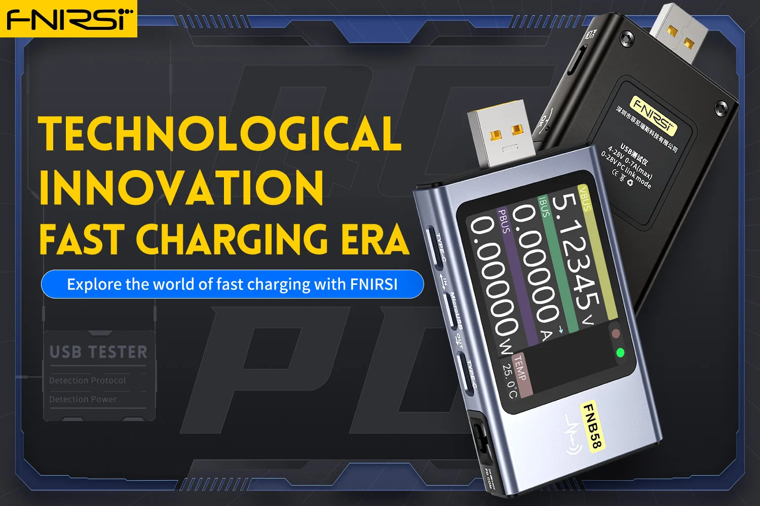 FNB58 USB-Tester, Voltmeter, Amperemeter, Typ C, Schnellladungserkennung, Auslöser, Kapazitätsmessung, Welligkeitsmessung