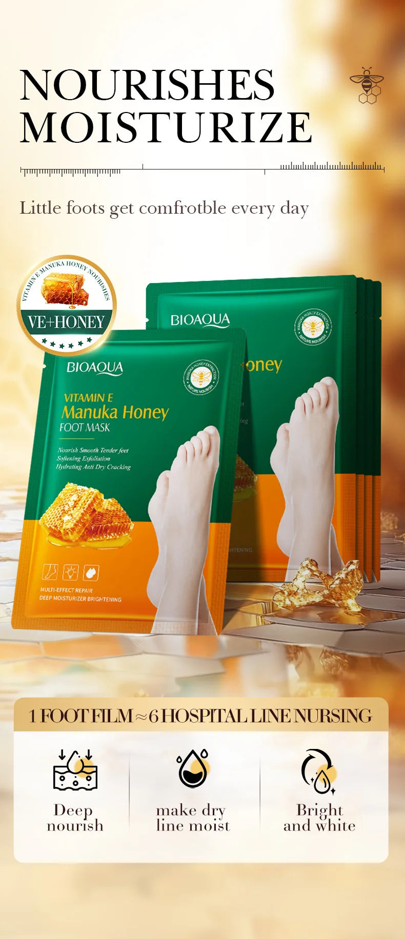 Manuka-Honig & Vitamin E Fußmaske – Tiefenpflege, Peeling & Reparatur für trockene, rissige Fersen, 1–10 Paar