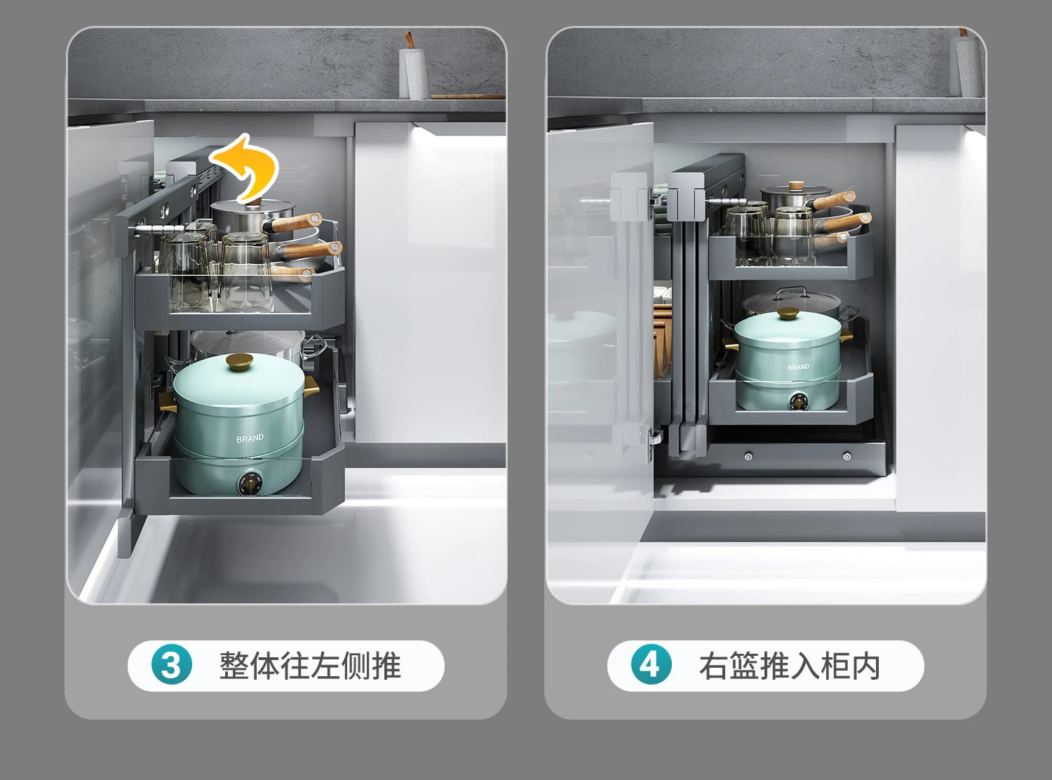 Eckkorb, Küchenschrank, komplett ausziehbar, Aufbewahrungsregal mit zwei Schubladen, Eckkorb