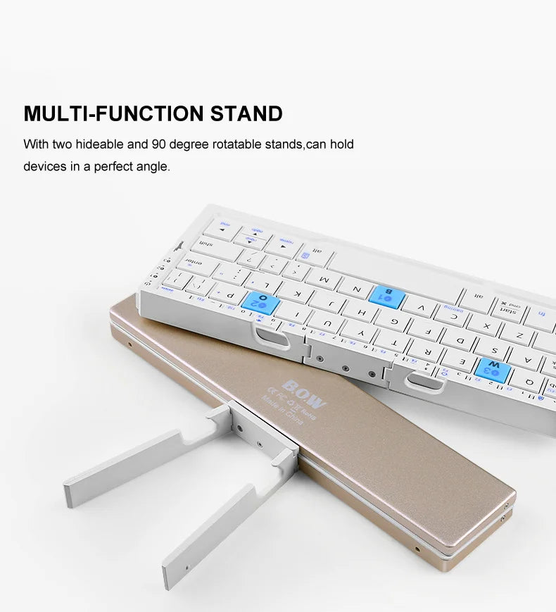 BOW Mini-Klapp-Bluetooth-Tastatur, kabellose Tastatur, unterstützt 3 Geräte mit Ständer, wiederaufladbare faltbare Tastatur für Telefon, Tablet
