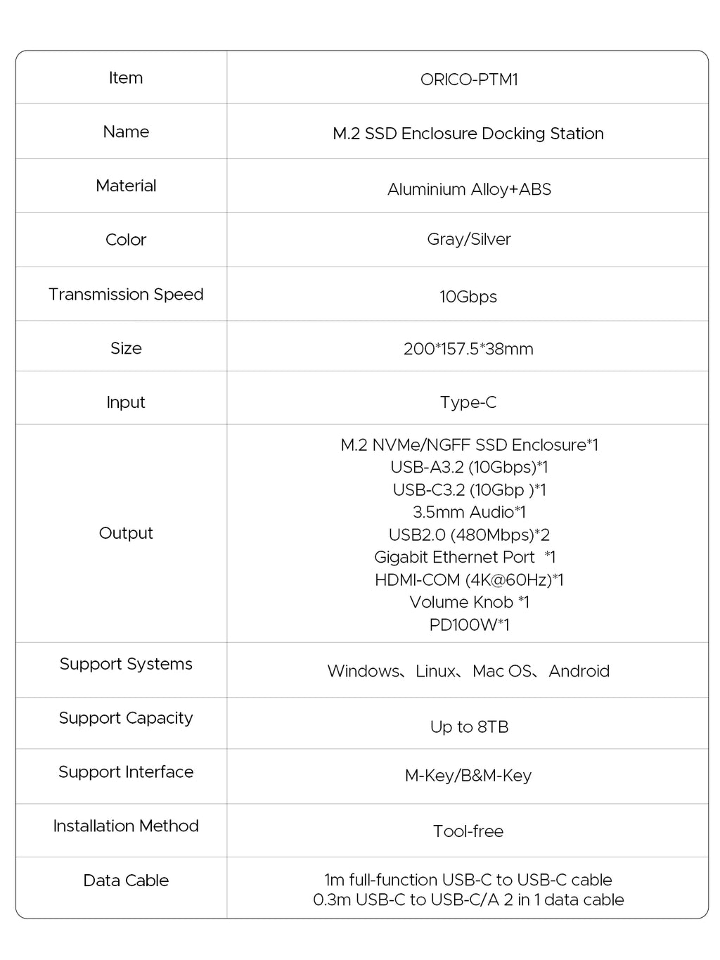 ORICO 10-in-1-USB-C-Dockingstation mit M.2-SSD-Gehäuse PD100W-Lade-Ethernet 4K60 Hz HDMI-Com 3,5-mm-Audiovolumeregler
