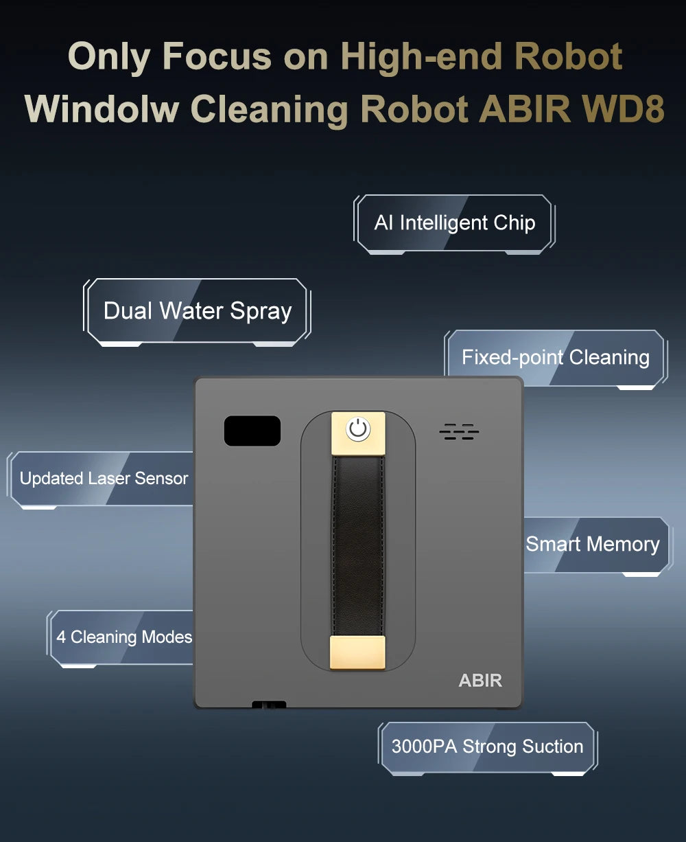ABIR WD8 Fensterputzroboter – Dual-Ultraschallsprüher, SLAM 4.0, 3000Pa, Fernbedienung, CE