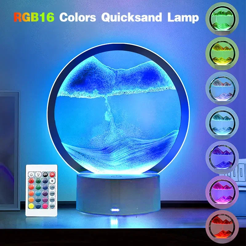 LED-RGB-Sandlandschaftslampe, 3D-Nachtlicht mit beweglichem Sandkunstrahmen und 16-Farben-Sanduhrlicht, 3D-Tiefsee-Display mit Fernbedienung