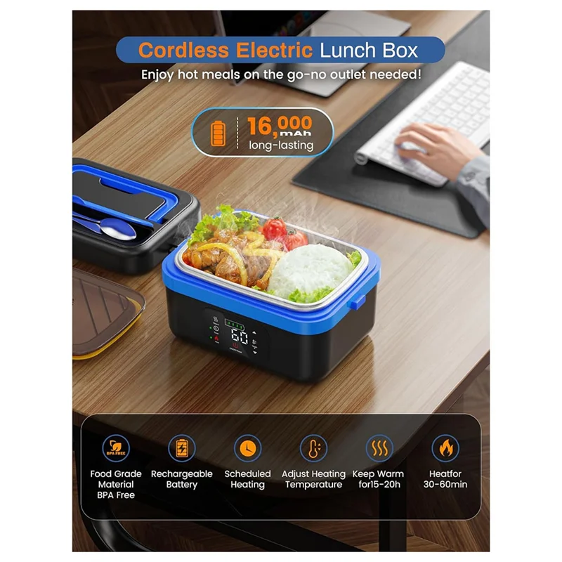 EMECE-Kabellose elektrische Lunchbox, wiederaufladbarer, selbsterhitzender Speisenwärmer mit 16000-mAh-Akku