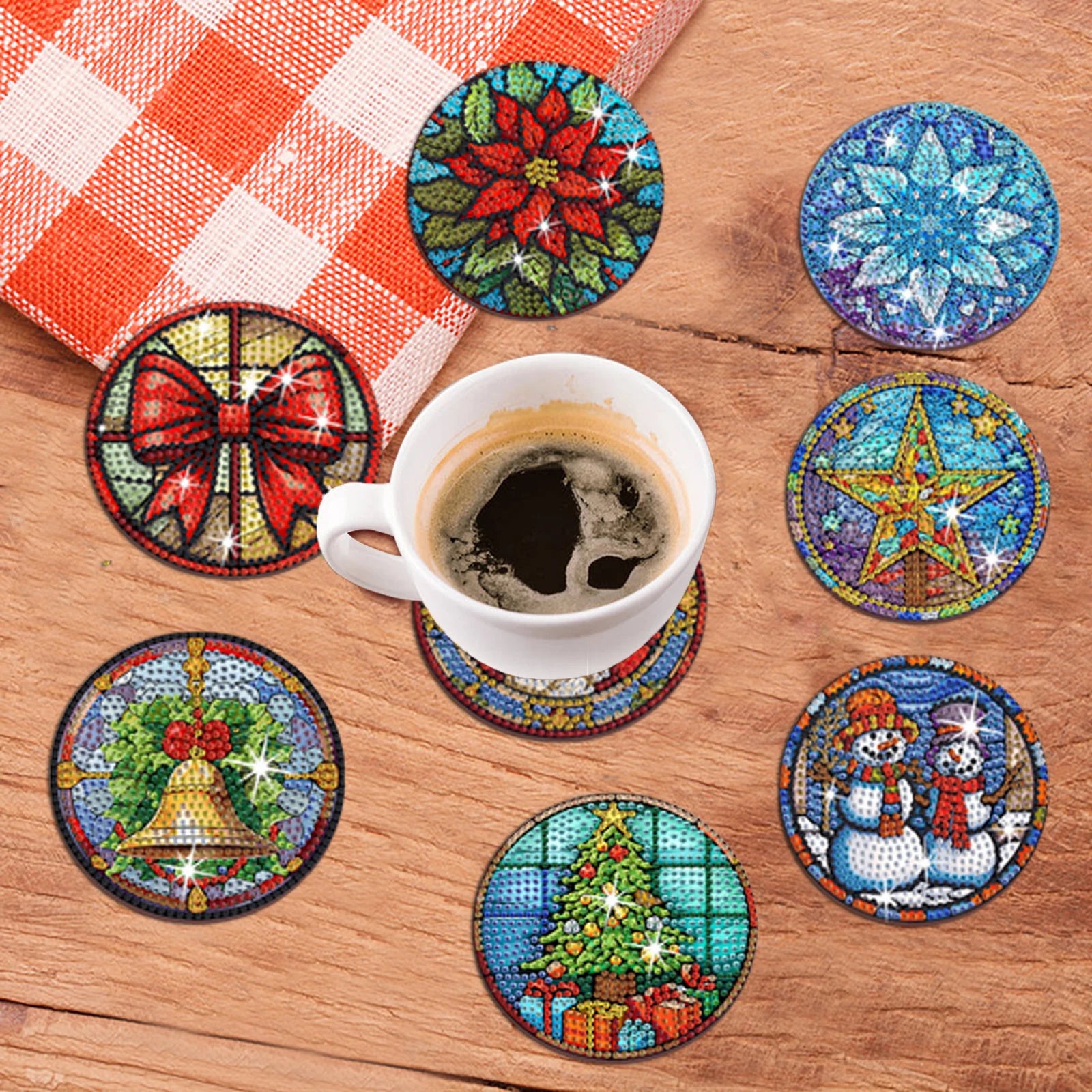 8-teiliges DIY-Diamant-Malerei-Kunstset mit Weihnachtsmotiv, Handwerkskunst, rutschfeste Untersetzer aus Holz ohne Klammern