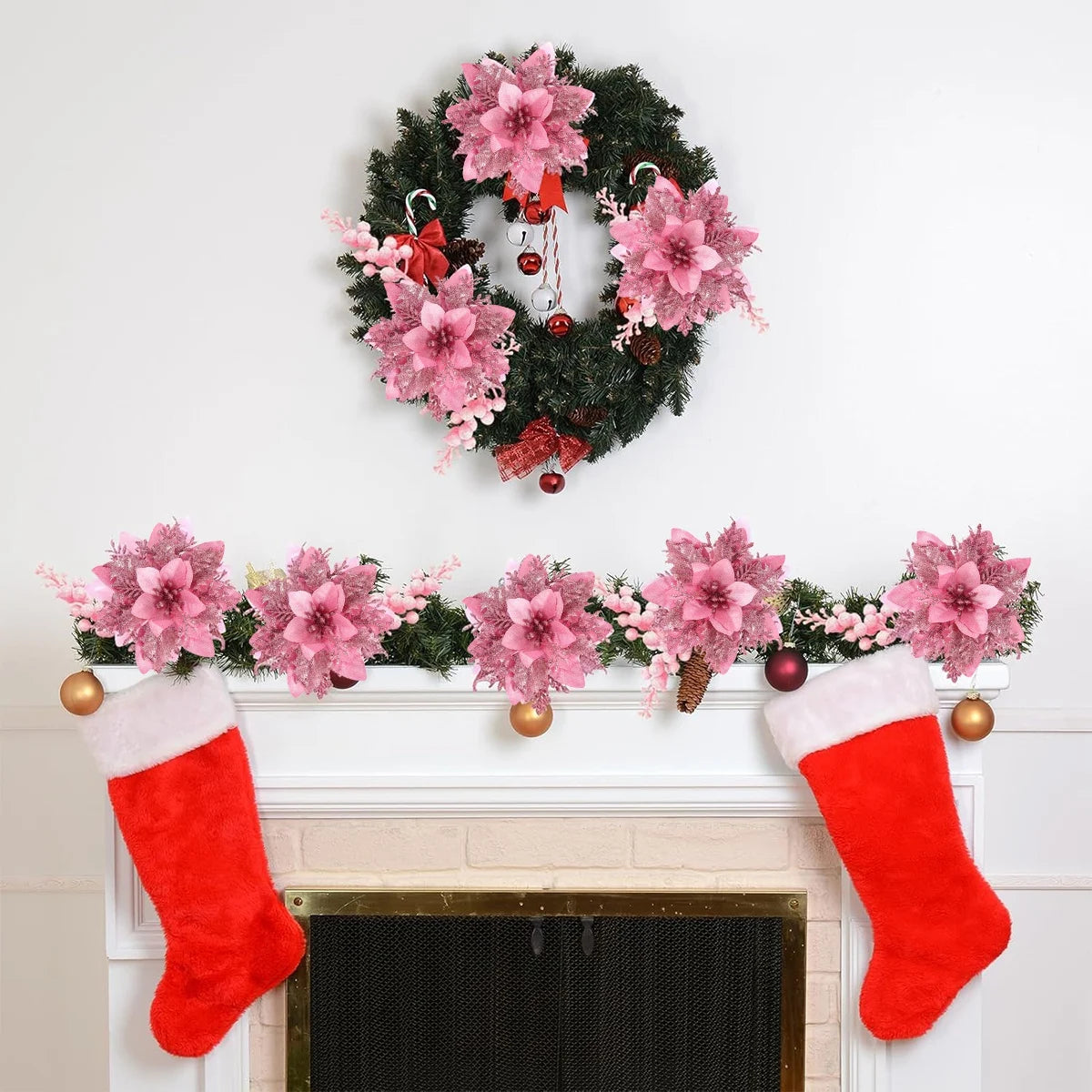 5/10 Stück rosa Weihnachtsglitter künstliche Blumen Weihnachtsbaumschmuck für Zuhause 2025, Weihnachtsschmuck, Neujahrsdekoration, Navidad