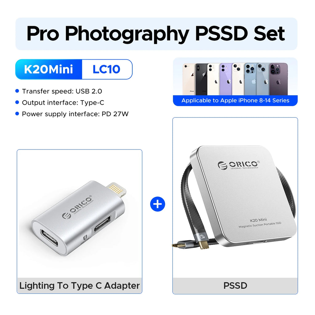 ORICO Magnetische externe SSD für iPhone 17 16 15 14 13 Pro/Max 2000 MB/s 4K 120Kz ProRes HDR Record USB 3.2 Gen 2x2 tragbare SSD