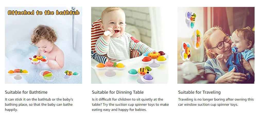 3Pcs Cartoon Insekt Zappeln Saugnapf Spinner Spielzeug Set Pädagogisches Rotierenden Rassel Baby Bad Spielzeug für Kinder