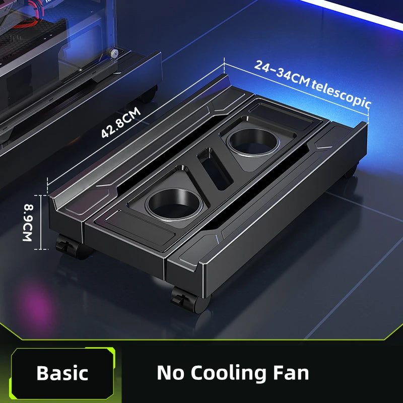 Mobiler PC-Turmständer, verstellbarer Computer-CPU-Halter, Teleskop-Desktop-Ständer, CPU-Wagen mit RGB-Lüfter, Wärmeableitung
