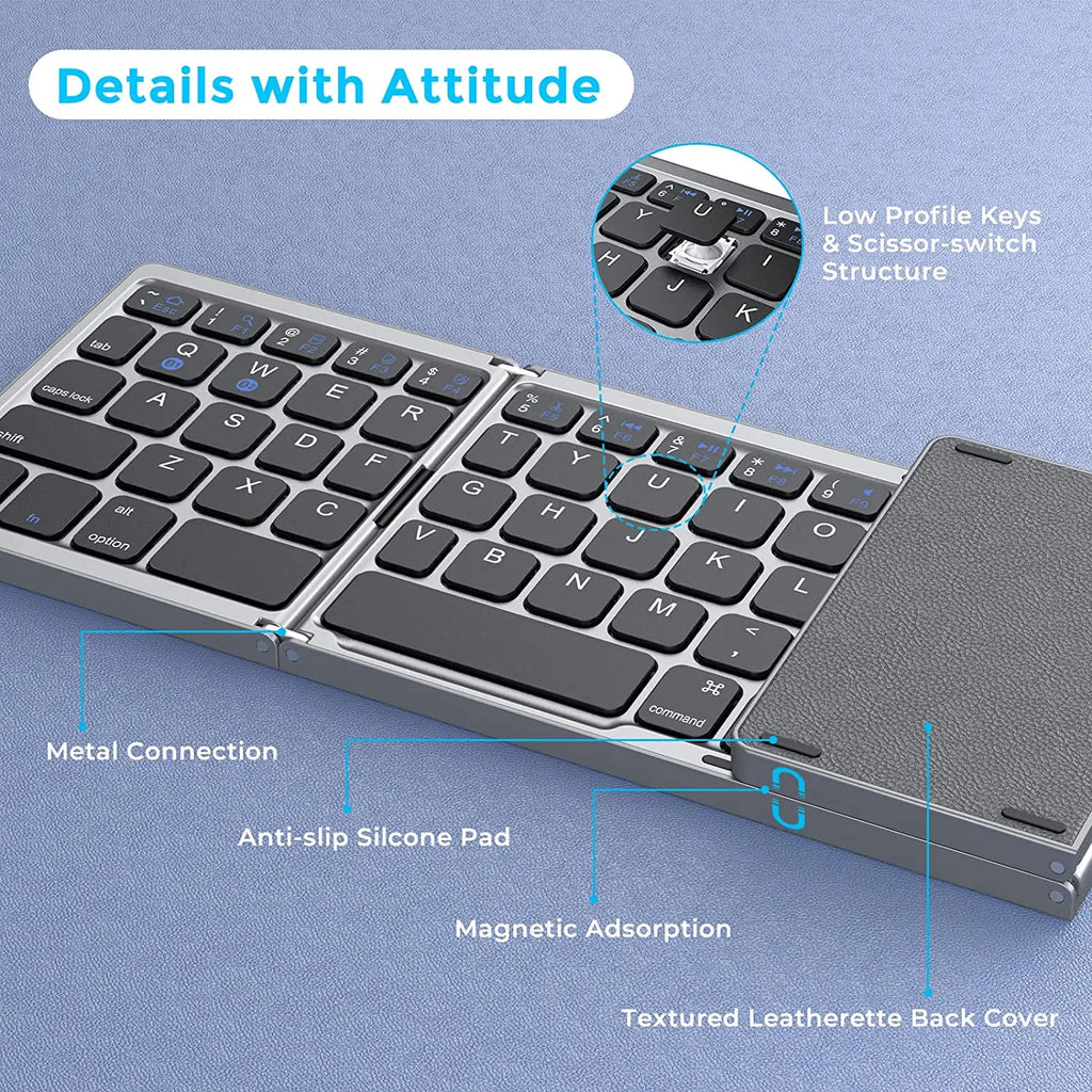 3-fach faltbare Tastatur, kabellose Mini-Tastatur, faltbare Dual-Bluetooth-Tastatur mit Touchpad für Windows, Android, iOS, iPad, Telefon