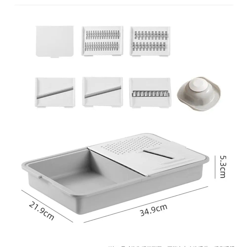 6-in-1 Manueller Gemüseschneider mit Auffangbehälter – PP + Edelstahl, 34,9×21,9cm, Rutschfest | Grau