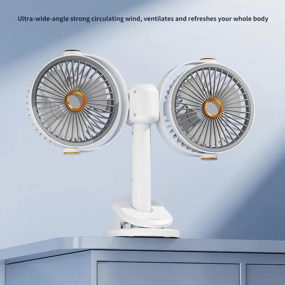 Doppelkopf-Tischventilator mit Clip, USB-Akku 1200 mAh – 5 Stufen, 360° verstellbar