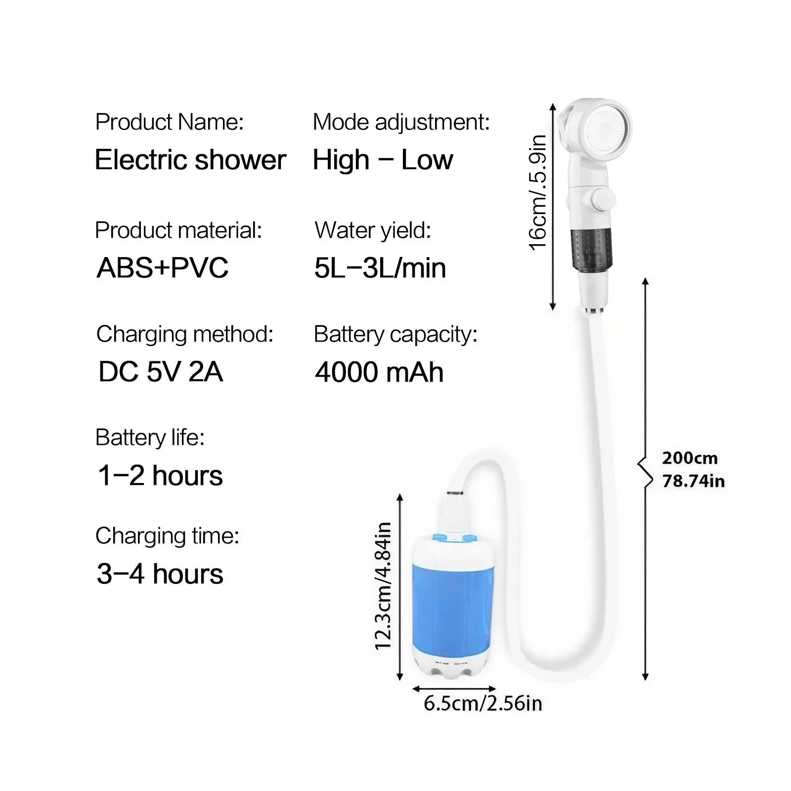 Tragbare Campingdusche – Wiederaufladbar, 4000 mAh, 60 Min. Laufzeit, 2m Schlauch | USB-C
