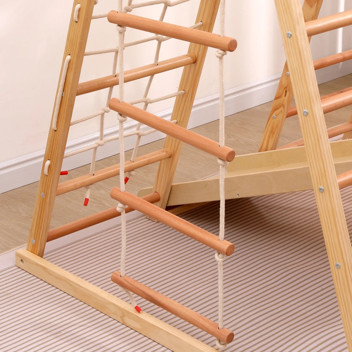 7-in-1 Multifunktionales Klettergerüst aus Holz mit Rutsche und Schaukel, Kletterleiter/Netz/Steinen, Indoor-Spielplatzspielzeug für Kinder ab 3 Jahren