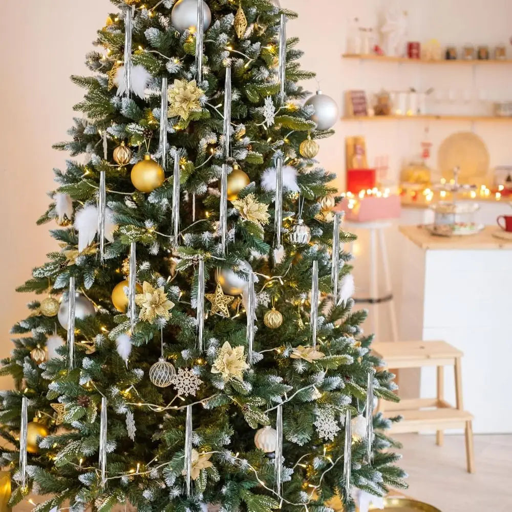 Wiederverwendbarer Weihnachtsbaum aus Metalldraht, Festivals, Dekor, silberfarben, Weihnachtsbaum, Lametta, Eiszapfen, schillernde Goldfarbe