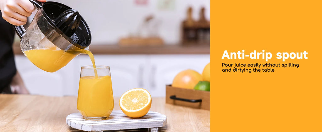 Aigostar elektrische Zitrus presse 40 Watt 700 ml, Zitrus presse mit Tropf auslauf, 2 austauschbare Zapfen. Bpa frei