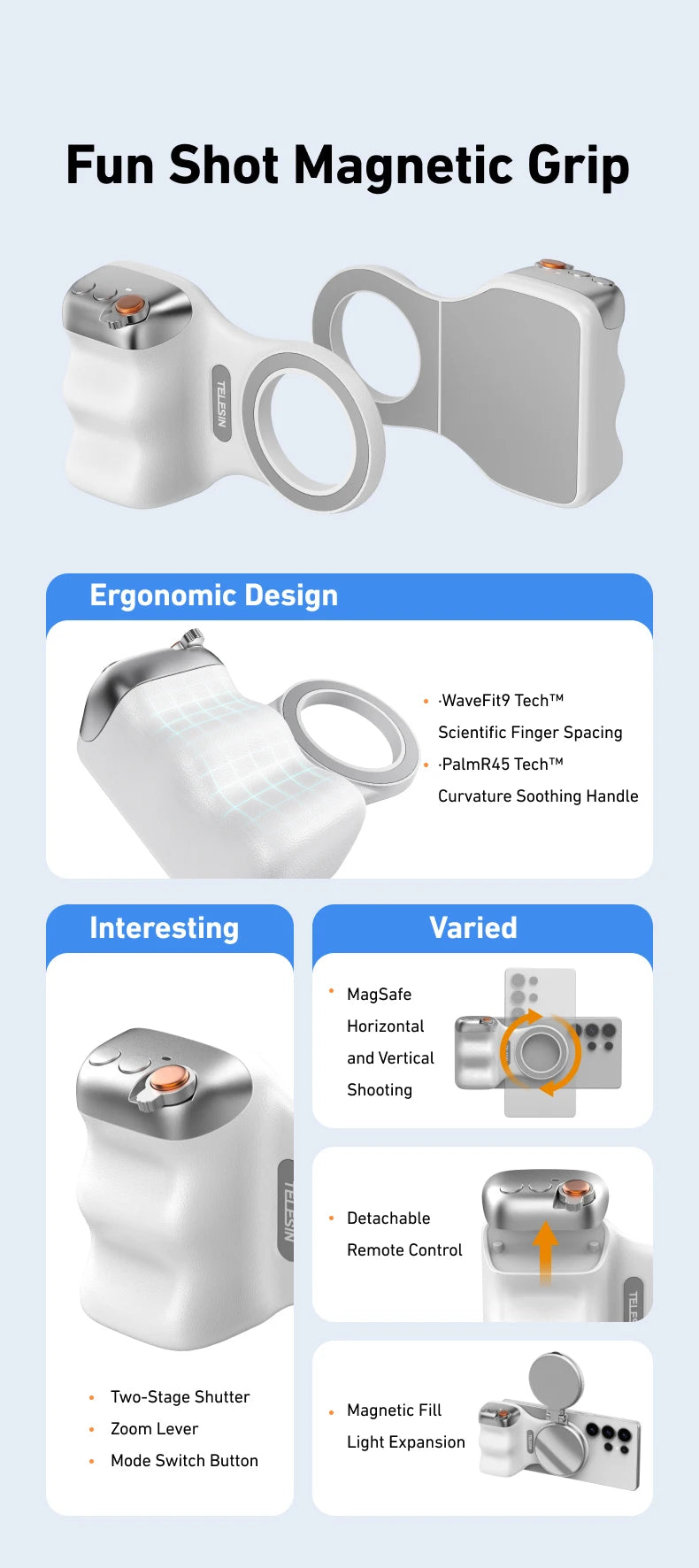 TELESIN- Telefonkamera-Handgriff, magnetischer Smartphone-Halter, Aufnahmehilfe, Fernbedienungsgriff für iPhone und Android-Telefon