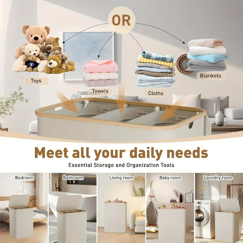 160 l extra großer Wäschekorb mit Deckel, 3 Gitter, Innentaschen, Wäschekorb, Griffe, Klassifizierungsetiketten, faltbarer Wäschekorb