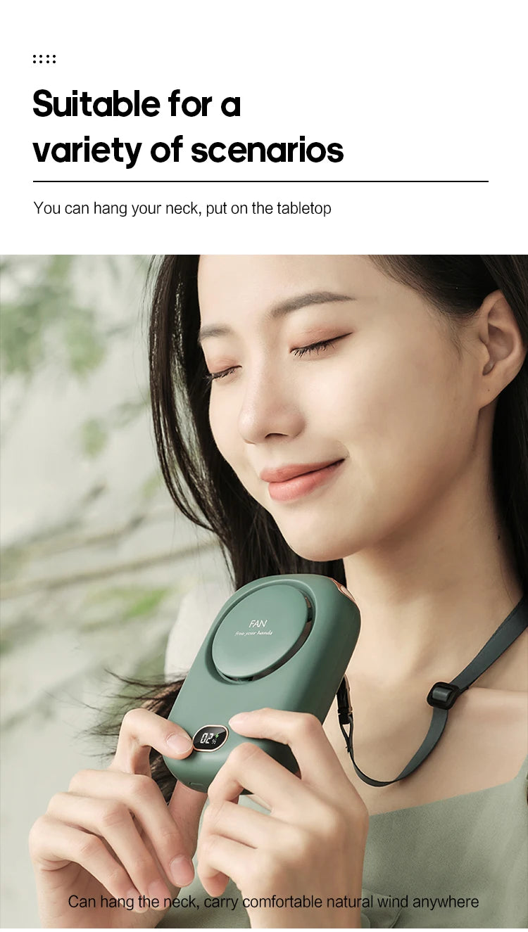 Mini ventilateur de cou portable à suspendre, sans pales, rechargeable par USB, idéal pour les sports de plein air et les voyages.