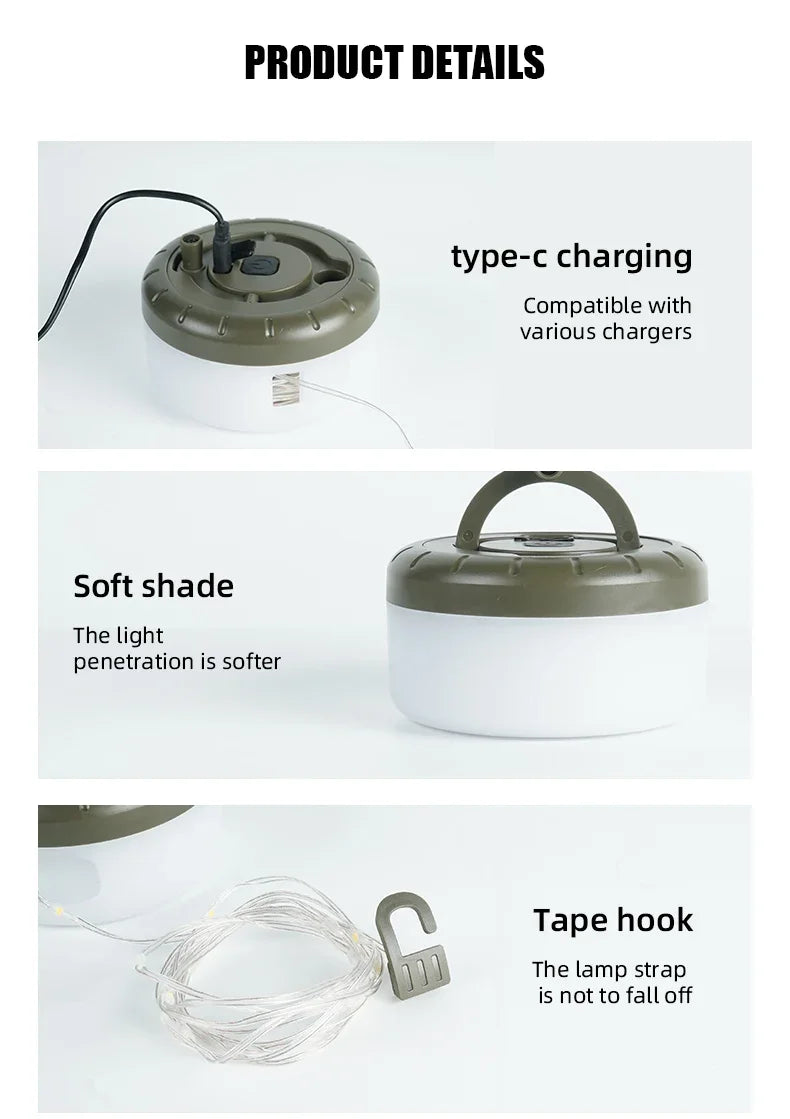 LED-Lichterkette, tragbar, Camping-Lichter, 1800 mAh, wiederaufladbar, 8 m, Außenatmosphäre, Zelt, Hochzeit, Weihnachten, Dekor, Streifen, Sternlampe