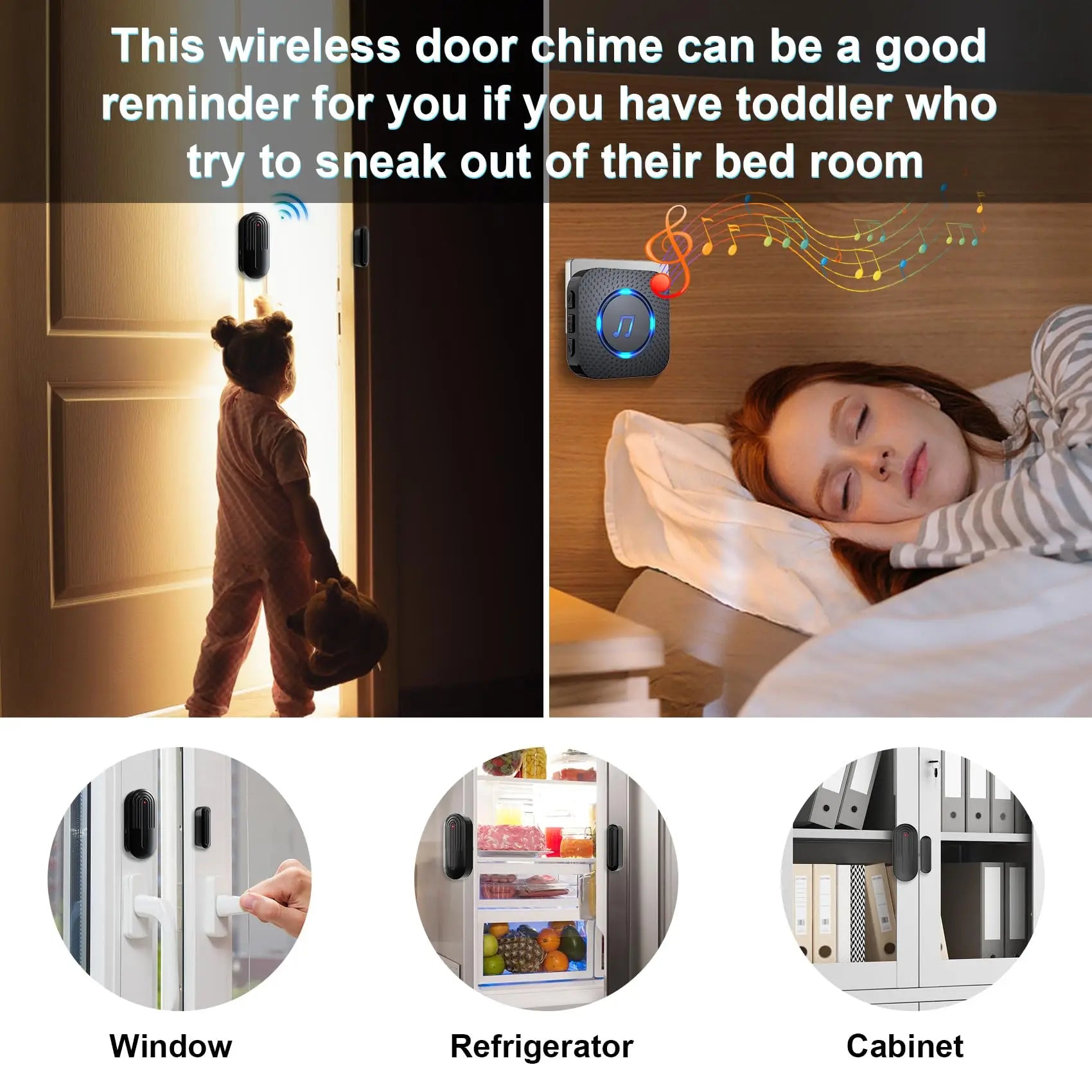 Daytech SANJIE Kabelloser Türsensor-Alarm – 55 Töne, 110 dB, 433 MHz, Selbstklebend, Schwarz