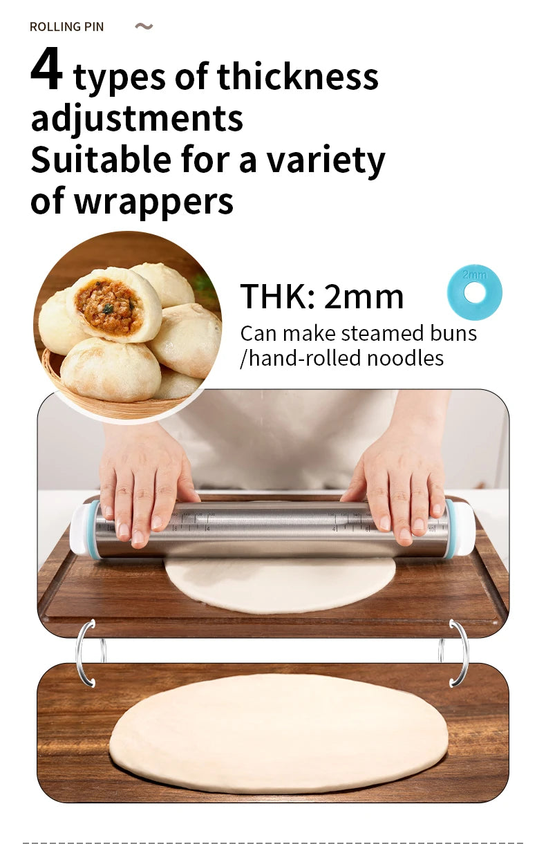 13,78 Zoll verstellbarer Nudelholz aus Edelstahl mit 4 abnehmbaren Ringen, Teigroller für Pizza-Keks-Backwerkzeuge