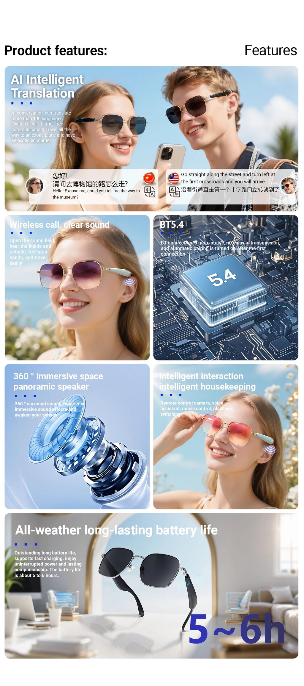 GY200 Smart Glasses 100+ Online-Sprache AI Automatische Dialogübersetzung Bluetooth-Brille mit Lautsprecher Sport UV-Schutz