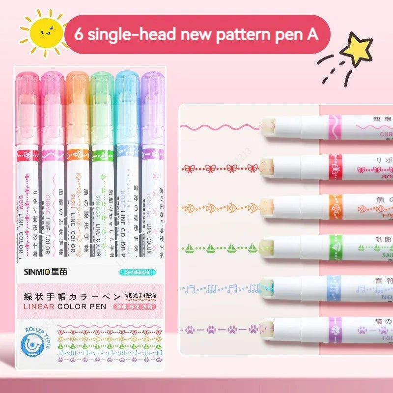 6 Teile/satz Blume Linie Form Highlighter Stift Roller Spitze Kurve Liner Marker Kawaii Koreanische Schreibwaren Schule Bürobedarf Geschenke