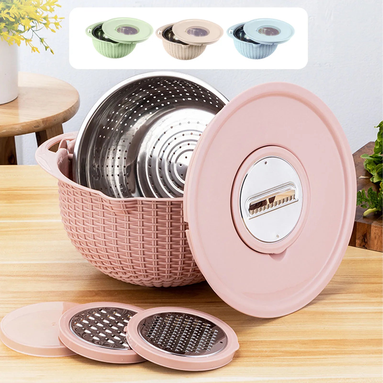 4-in-1-Siebschüssel mit Schneidwerkzeugen, drehbares Sieb, 2-lagiger ergonomischer Griff, vielseitige Gemüsewaschschüssel