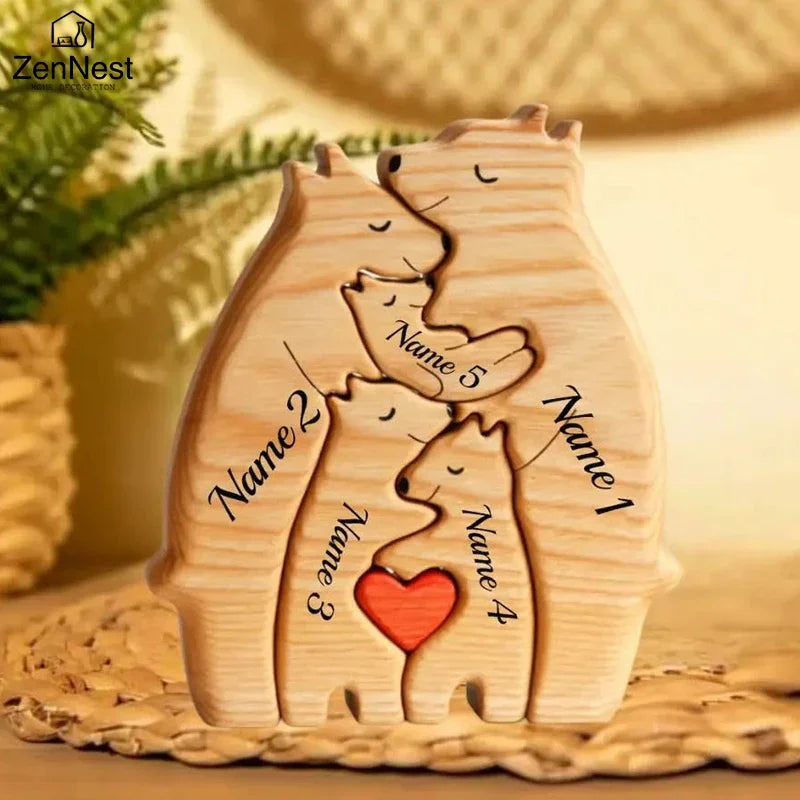 Kunst-Holzbär-Familienpuzzle, personalisierter Name, individuelle Heimdekoration, Thanksgiving, Weihnachten, Herzwärmungsgeschenk für Babymutter