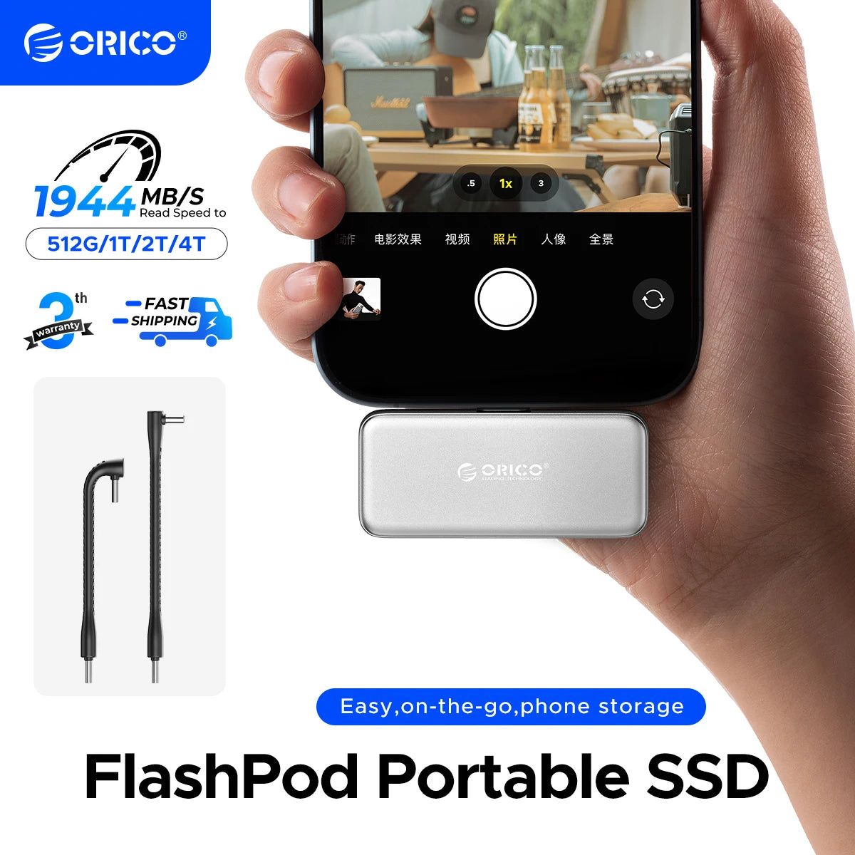 ORICO FlashPod 1 TB MINI magnetische tragbare SSD bis zu 2000 MB/s ProRes mit Direktstecker für iPhone 15 16 Serie, Tablets, Laptop