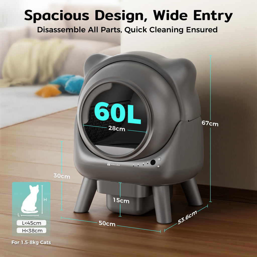 Amicura Cura X1 Automatische Katzentoilette, selbstreinigend, mit App-Steuerung, Sicherheitssensor, leicht zu reinigendes elektrisches Katzentoilett