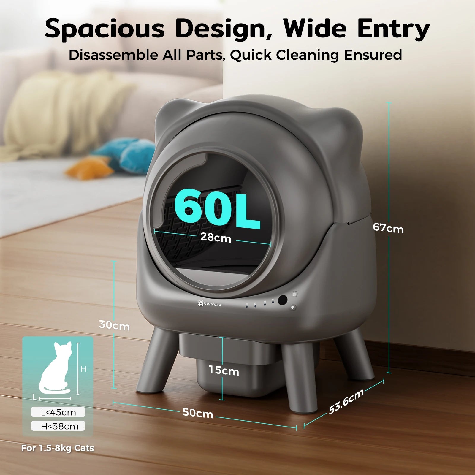 Amicura Cura X1 Automatische Katzentoilette, selbstreinigend, mit App-Steuerung, Sicherheitssensor, leicht zu reinigendes elektrisches Katzentoilett