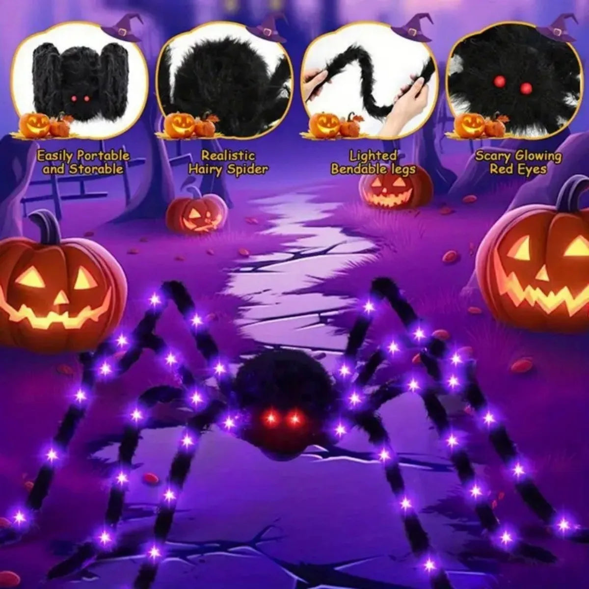 Halloween Riesige Leuchtende Plüsch-Spinne – Lila LED, 8 Modi, Innen & Außen