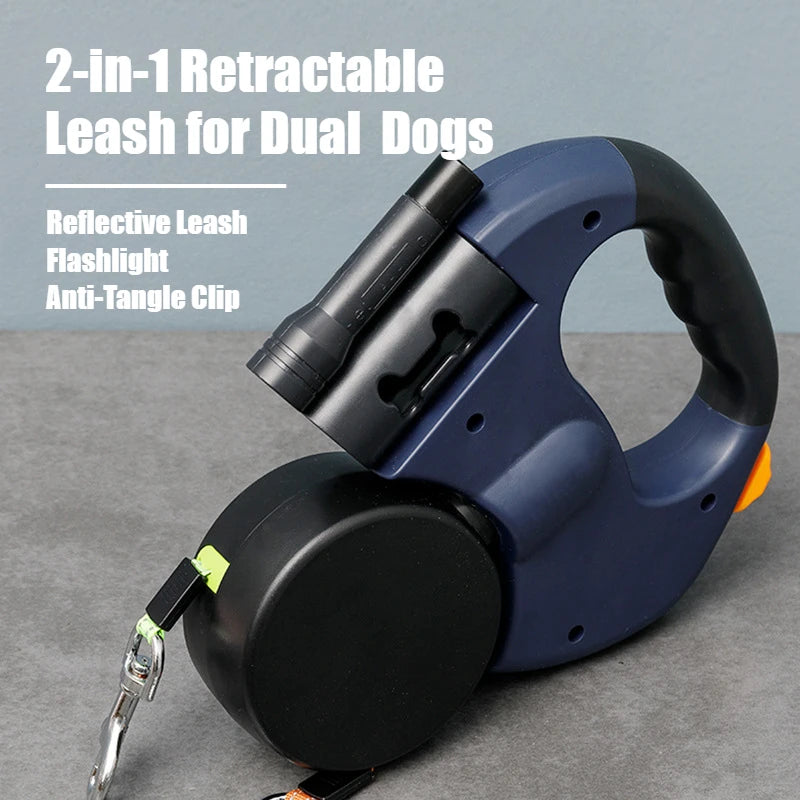 2-in-1 Doppel-Hundeleine einziehbar – Reflektierend, Anti-Tangle, Taschenlampe, für 2 Hunde