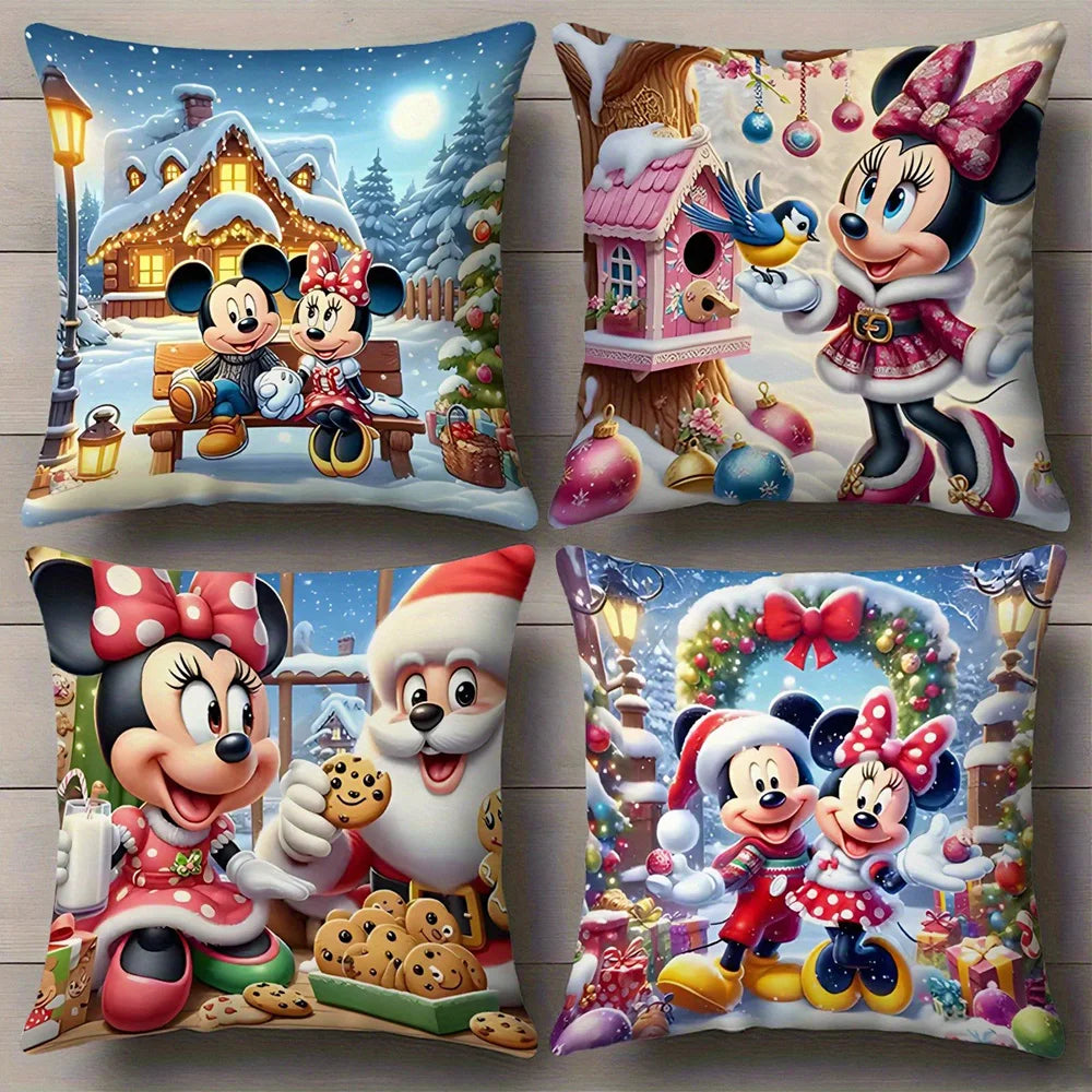 Dreiteiliger Weihnachtskissenbezug von Disney Mickey Minnie, bemalt mit glücklichen Szenen wie Schneehütte, Mickey Minnie und Weihnachtsmann