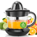Aigostar elektrische Zitrus presse 40 Watt 700 ml, Zitrus presse mit Tropf auslauf, 2 austauschbare Zapfen. Bpa frei