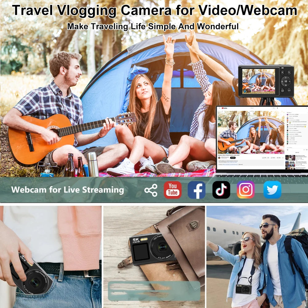Ourlife Digitalkamera CCD Dual Screen Tragbare Digitalkamera 18X Zoom 5K Vintage Vlog Videorecorder 80MP CCD Selfie Kamera
