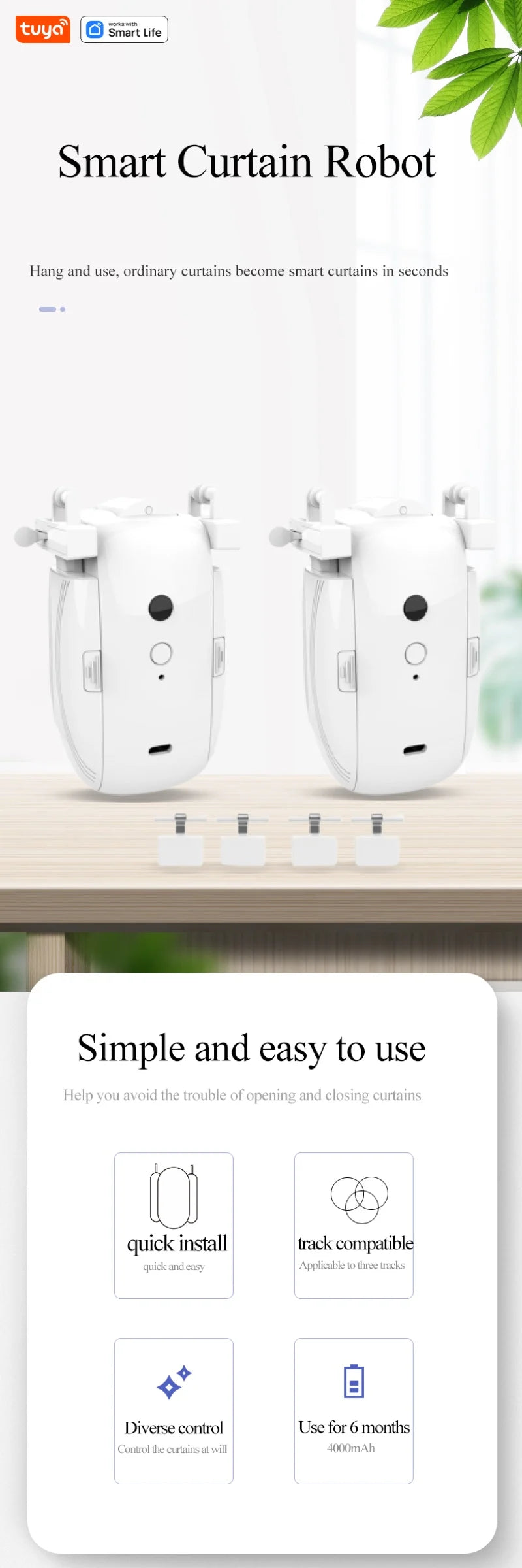 Tuya Smart WiFi Vorhangroboter (mit Gateway), APP-Fernbedienung, Sprachsteuerung, inklusive Zubehör für T/U-Vorhangschienen