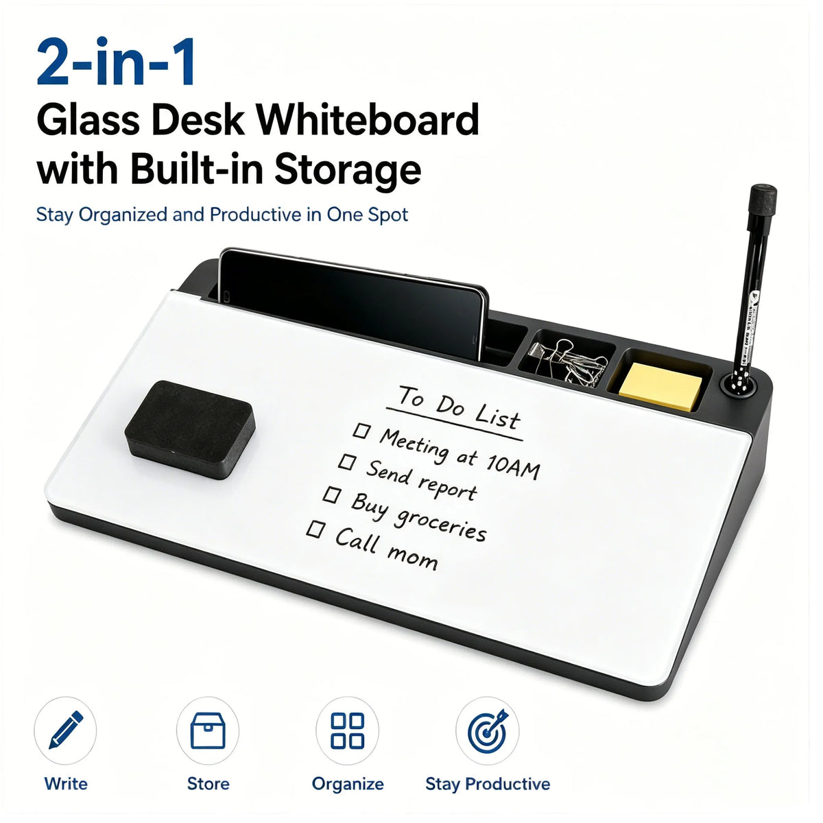2-in-1 Schreibtisch-Whiteboard-Organizer – Whiteboard + 4 Fächer, Handy-Slot, Stiftehalter | BPA-frei | Büro & Homeoffice | 4 Farben