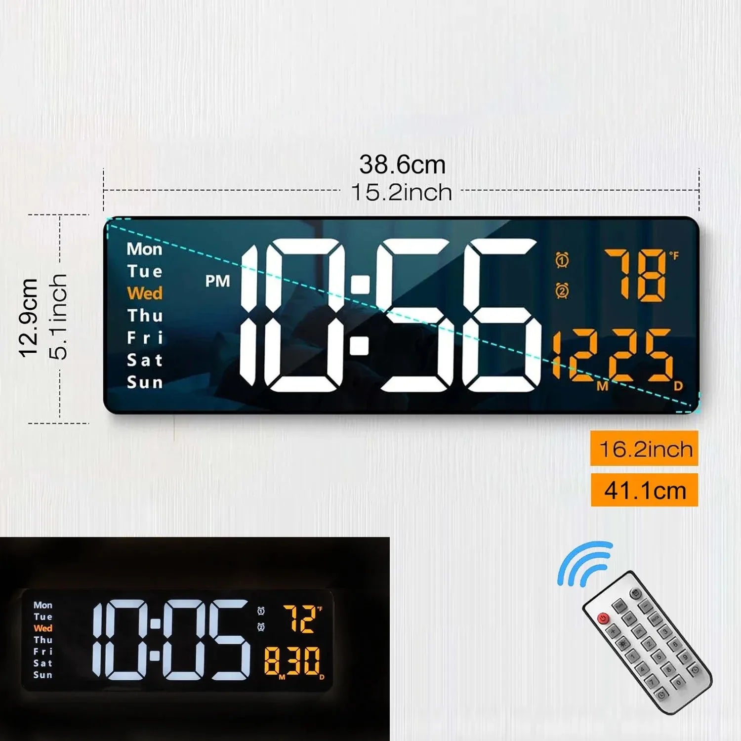 Große digitale Wanduhr mit Fernbedienung, Doppelalarm, großem LED-Display, 8 RGB-Farben