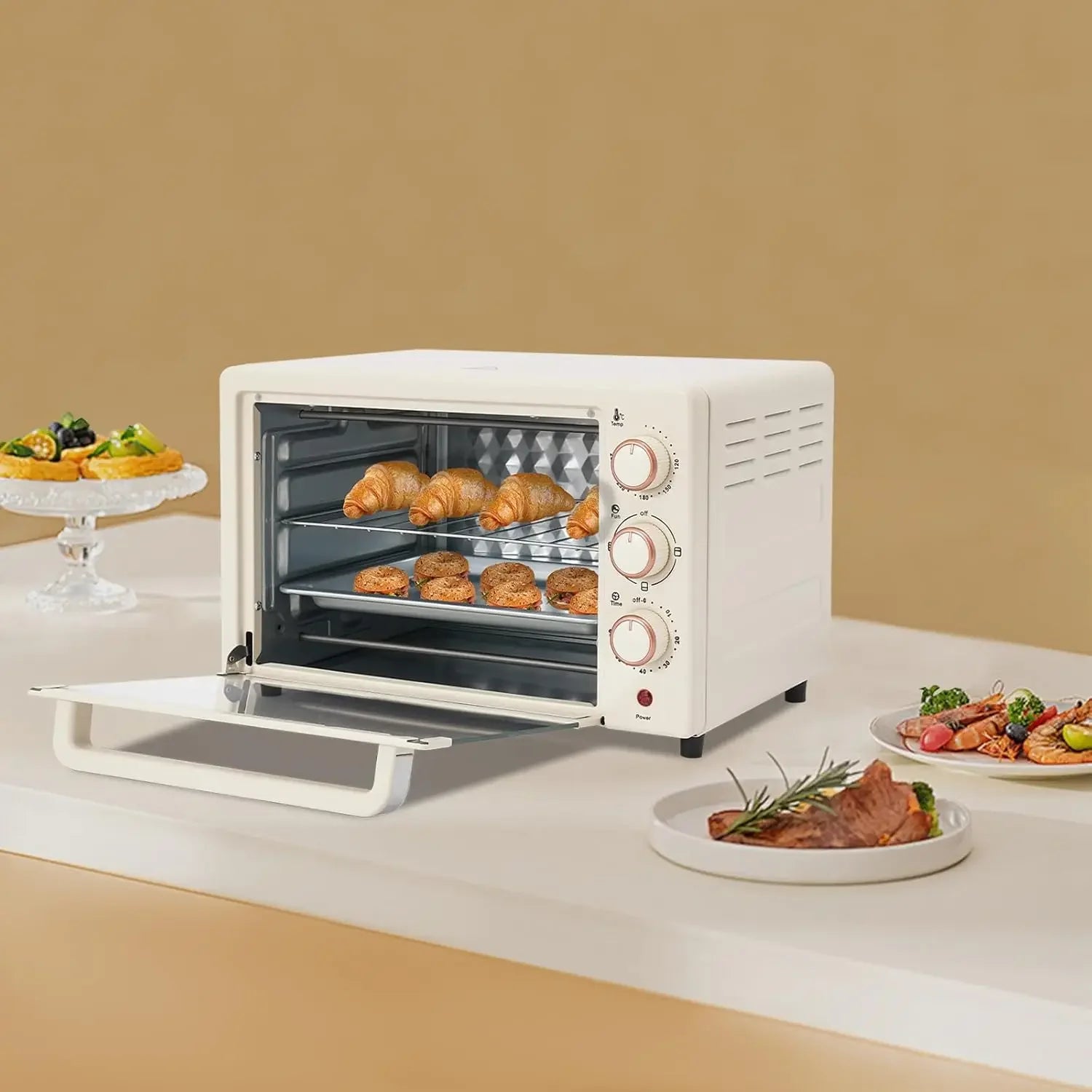 22-Liter-Miniofen kompakt mit Pizza-Funktion und Sichtfenster, 120 ° C bis 250 ° C, 60-Minuten-Timer, 1000 Watt, in Weiß