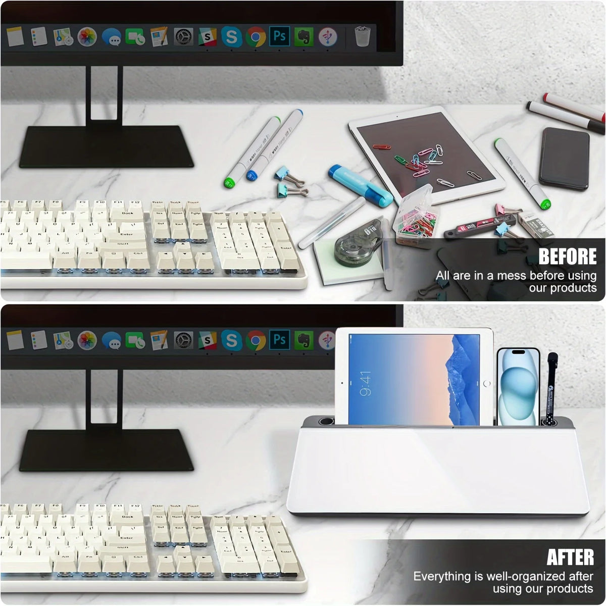 2-in-1 Schreibtisch-Whiteboard-Organizer – Whiteboard + 4 Fächer, Handy-Slot, Stiftehalter | BPA-frei | Büro & Homeoffice | 4 Farben