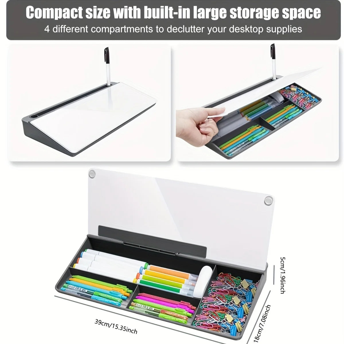 2-in-1 Schreibtisch-Whiteboard-Organizer – Whiteboard + 4 Fächer, Handy-Slot, Stiftehalter | BPA-frei | Büro & Homeoffice | 4 Farben