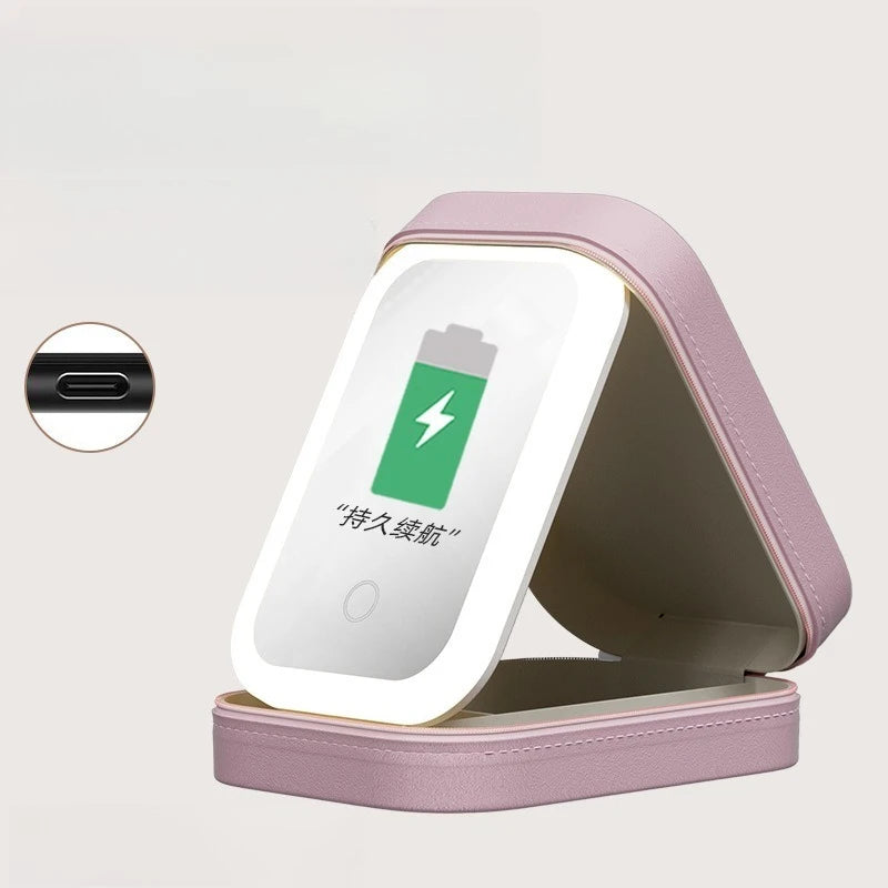 Tragbare Handgepäckbox für den Schreibtisch, Organisation von Hautpflegeprodukten, Lichtspiegel, integrierter Make-up-Organizer, Kosmetikaufbewahrung, Badezimmer