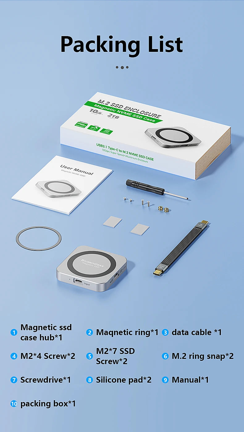 Blueendless Magnetisches M2 2230 2242 NVMe SSD-Gehäuse mit Lüfter 100 W PD-Aufladung Typ C NVMe PCIE SSD-Gehäuse für iPhone Mac