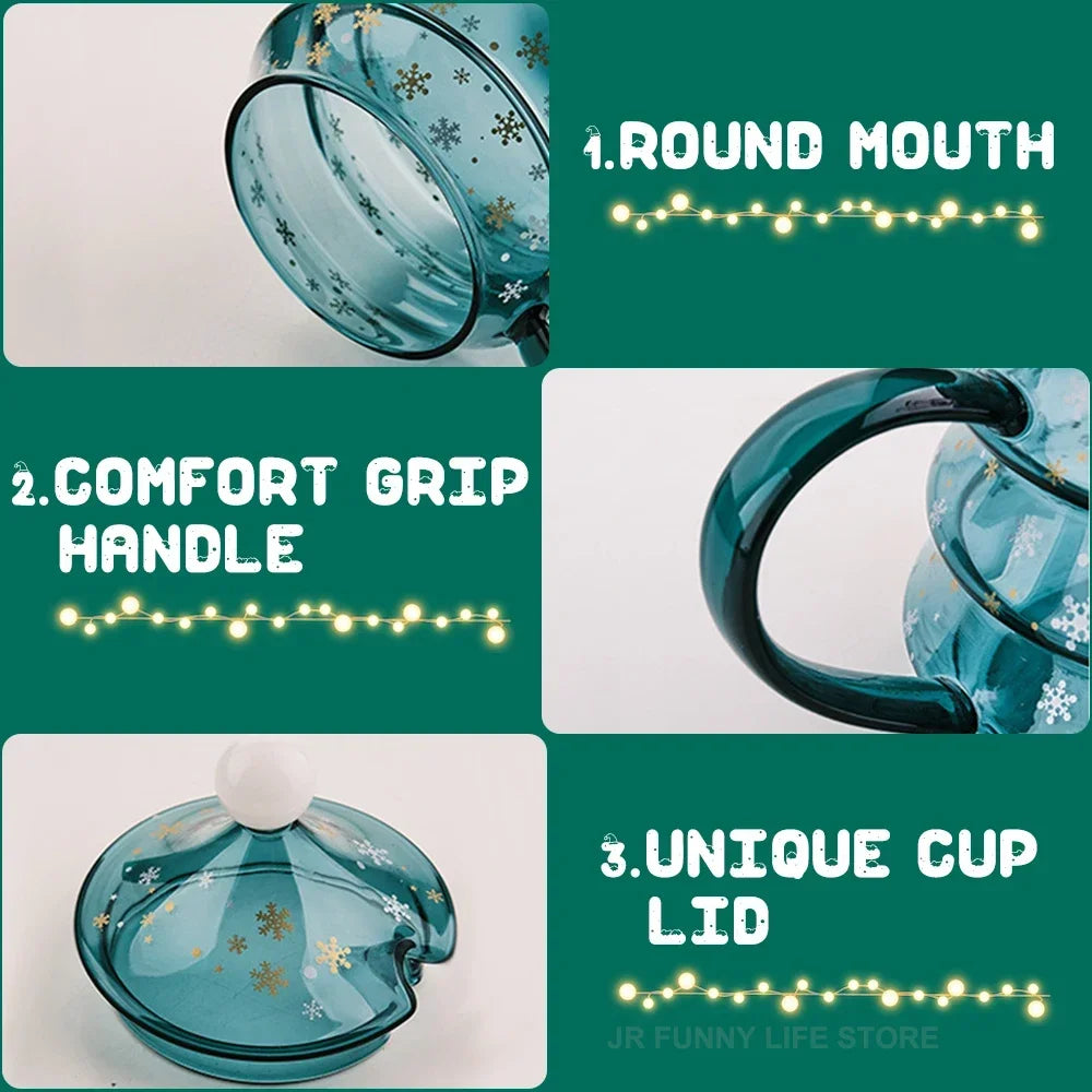 Kreativer Weihnachtsbaum aus Glas, Weihnachtstasse mit Deckel, isolierte Kaffeetasse aus Glas