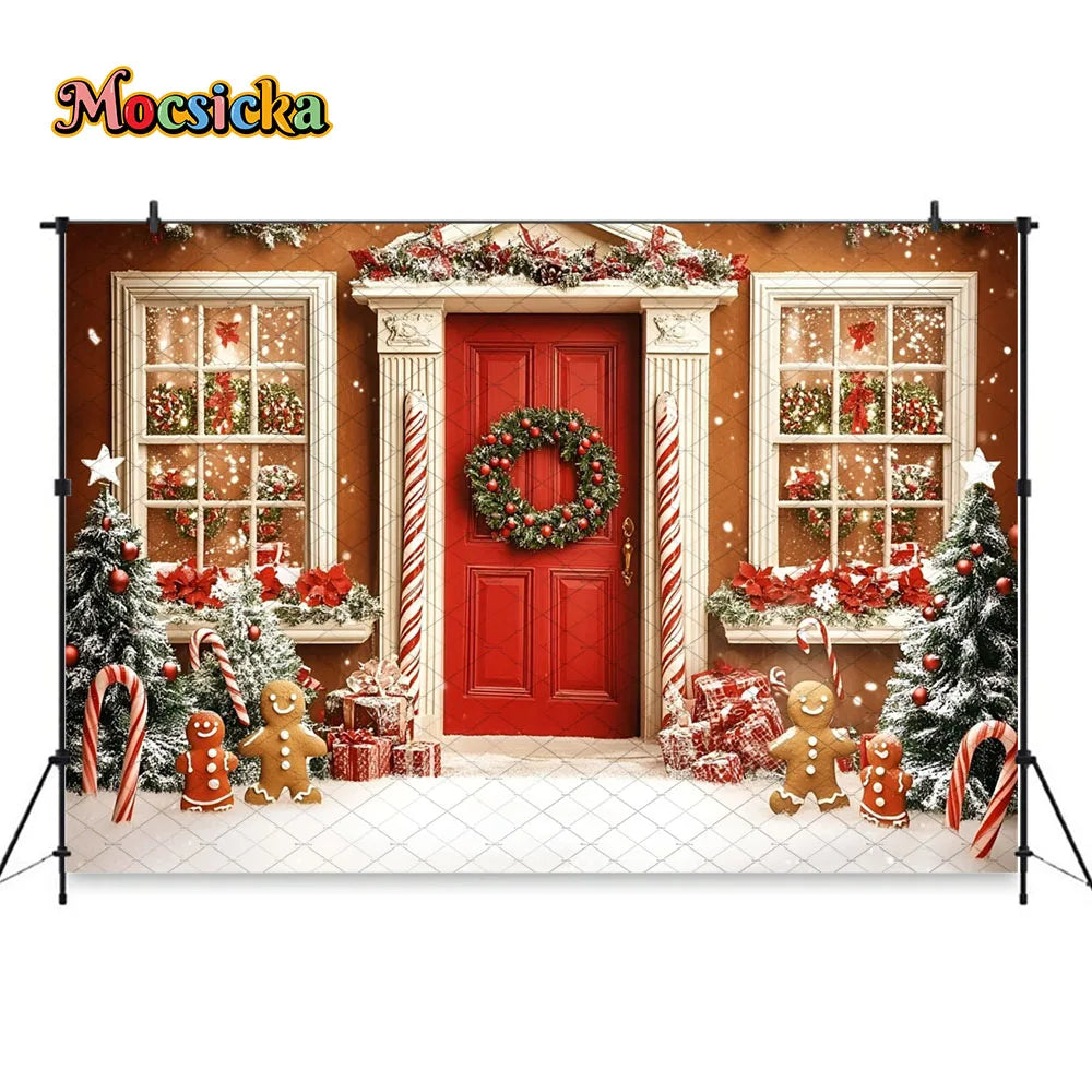 Mocsicka Weihnachten Lebkuchenhaus Fotografie Hintergrund verschneite Weihnachtsbaum Zuckerstangen Hintergrund Winter Urlaub Party Photozone