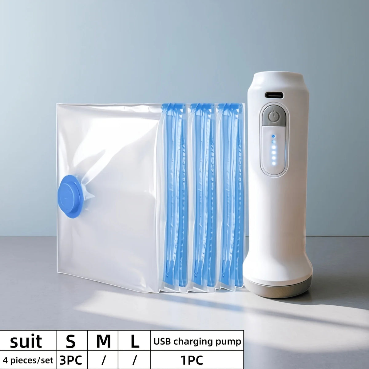 Vakuum-Aufbewahrungsbeutel Set mit USB-Elektropumpe – 1500mAh, Wiederaufladbar | Kleidung & Bettdecken | 4 Set-Varianten